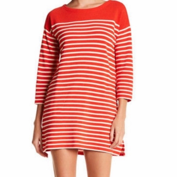 J. Crew Dresses & Skirts - JCrew Bright Geranium & Ivory Striped Boatneck Tunic Dress